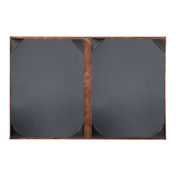 A black rectangular menu cover with a bronze brushed metallic frame.