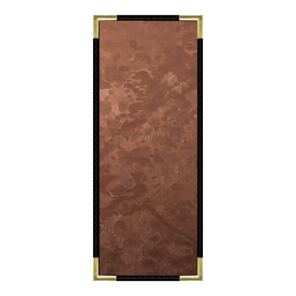 A brown metallic menu cover with black leather trim.