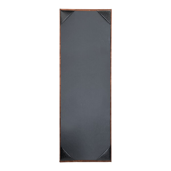 A rectangular black board with bronze corners.