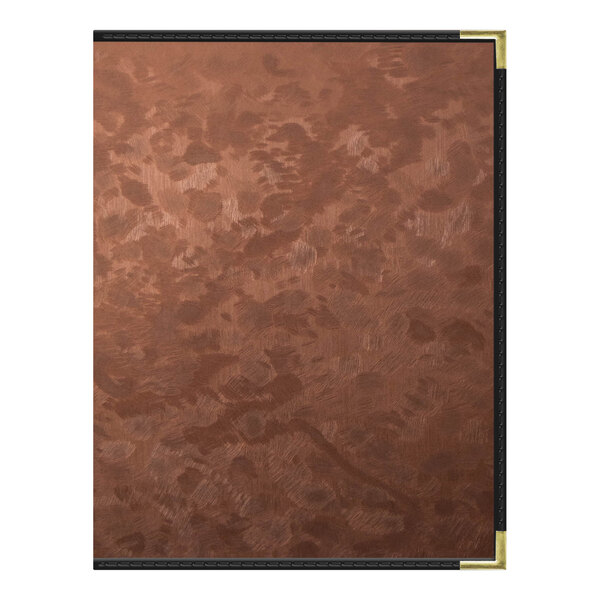 A brown and black metal menu cover with a copper finish and white background with 8 views.