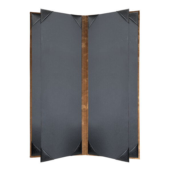 A black rectangular menu cover with brown corners and a brushed metallic finish.