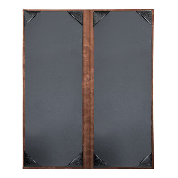 A grey rectangular menu cover with a brown metallic strip on the front.