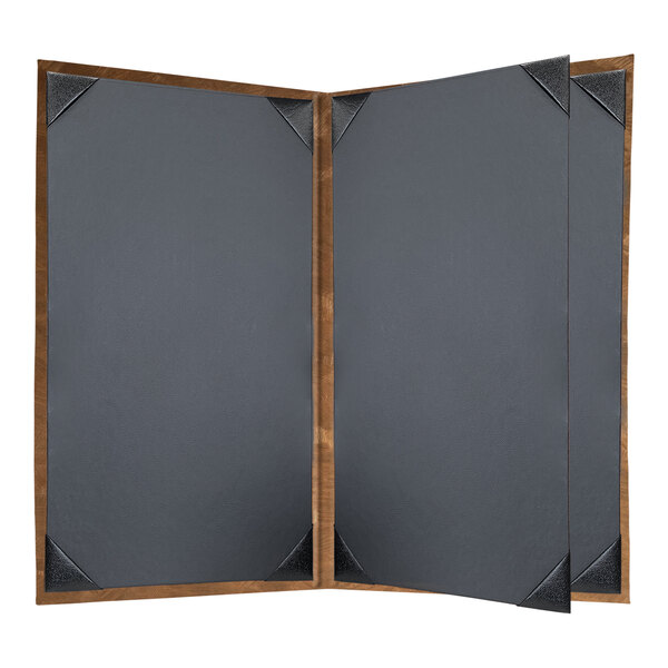 A black and brown H. Risch, Inc. customizable menu cover with a metallic brushed finish.