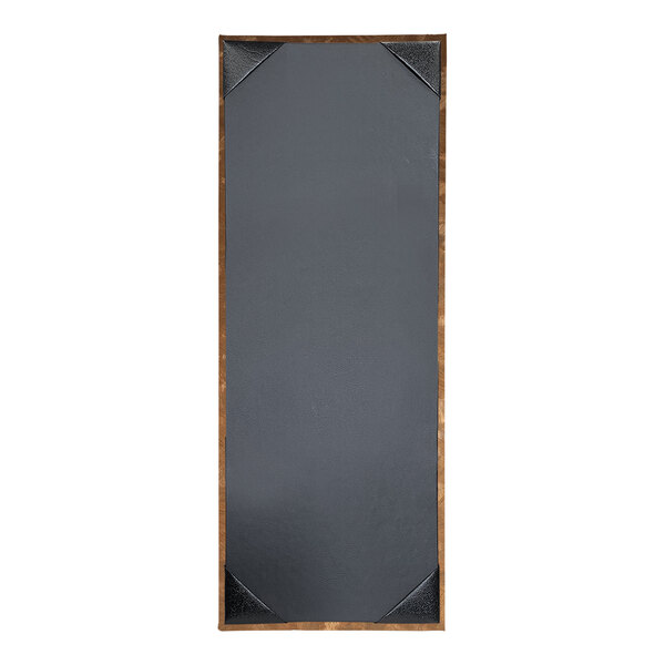 A rectangular black menu cover with wood corners.