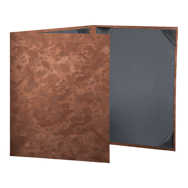 A brown and black menu cover with a bronze metal corner.