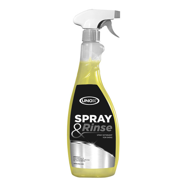A yellow spray bottle of Unox Spray and Rinse Detergent with a black label.