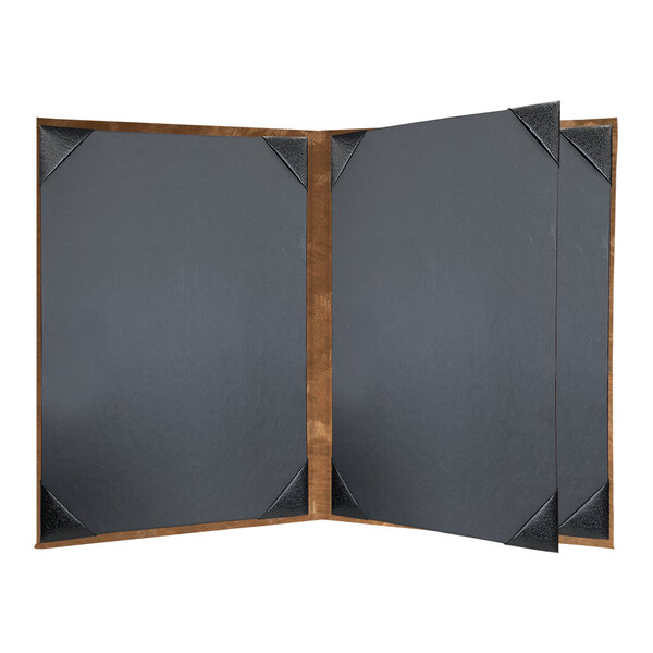 A black and brown menu cover with wooden corners.