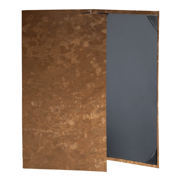 A brown and grey rectangular H. Risch, Inc. menu cover with a brushed metallic surface.