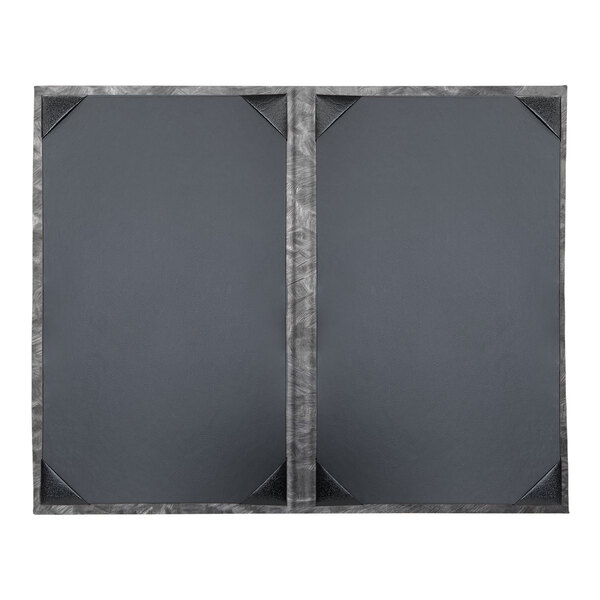 A grey rectangular menu cover with a black border and two metal panels.