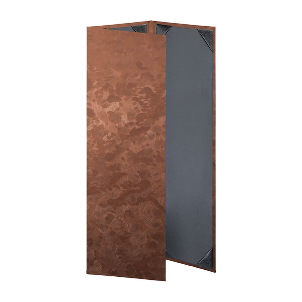 A customizable bronze brushed metallic menu cover with a brown background and grey surface.