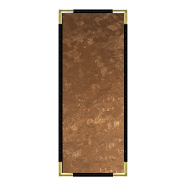 A brown metal menu cover with a brushed metallic finish.
