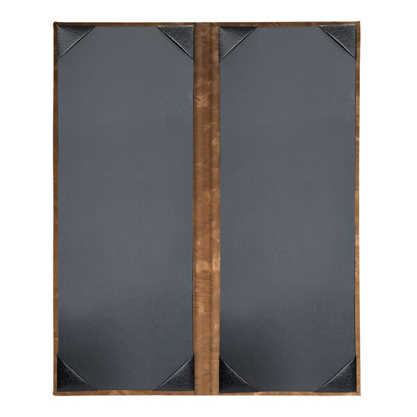 A grey rectangular menu cover with a brown wooden frame.