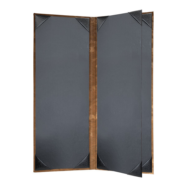A black rectangular menu cover with a brown wooden frame.