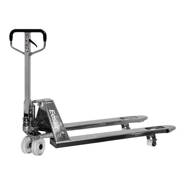 A silver hand pallet truck with white wheels.