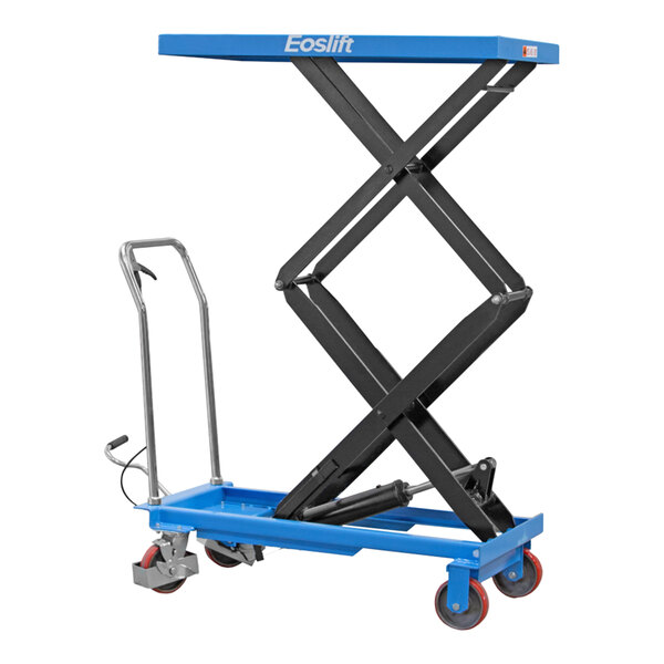 A blue and black Eoslift scissor lift table on wheels.