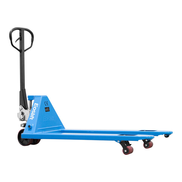 A blue hand pallet truck with black handle.