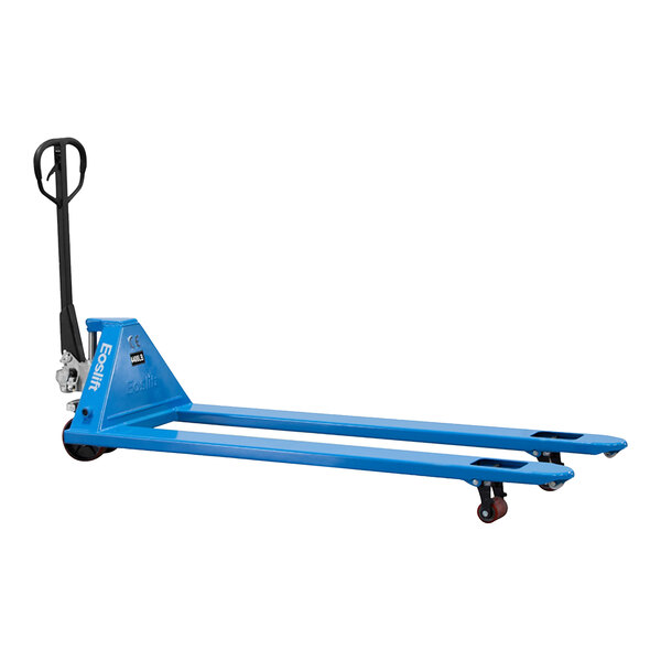 A blue Eoslift hand pallet truck with black wheels and handle.