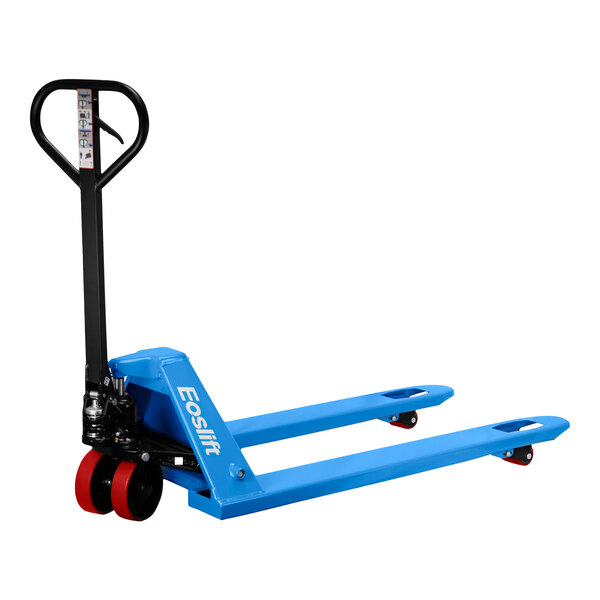 A blue and black Eoslift hand pallet truck with red and black parts.