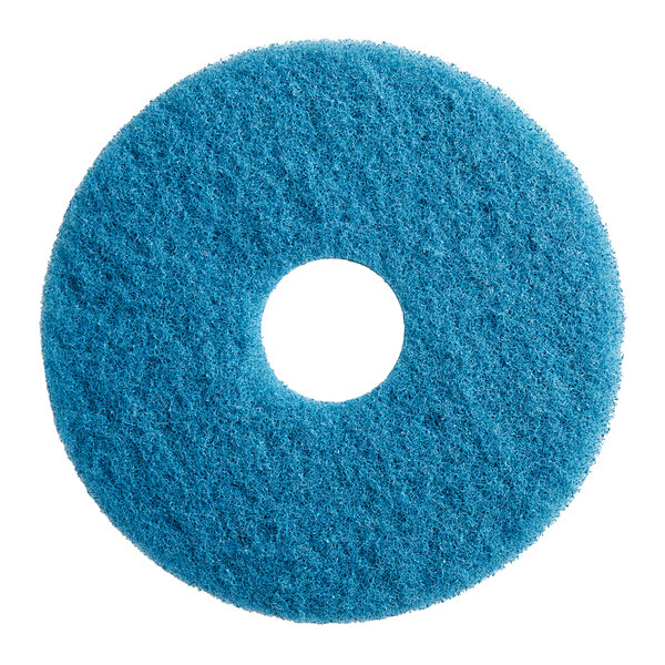 A blue Lavex floor cleaning pad with a hole in the middle.