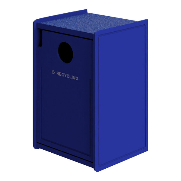 A blue Commercial Zone EarthCraft recycling bin with a lid.