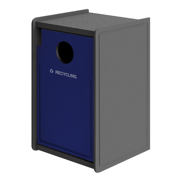 A grey square recycling bin with a blue door.