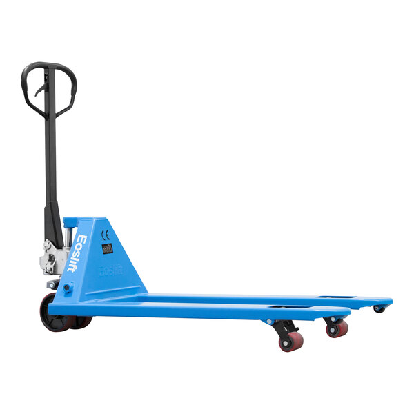 A blue and red Eoslift hand pallet truck with black handle.