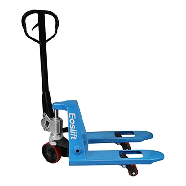 A blue and black Eoslift Professional Grade manual narrow low profile steel pallet jack with a handle and wheels.