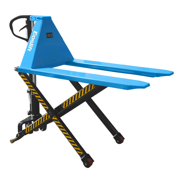 A blue Eoslift manual scissor lift pallet jack with black and yellow handle.