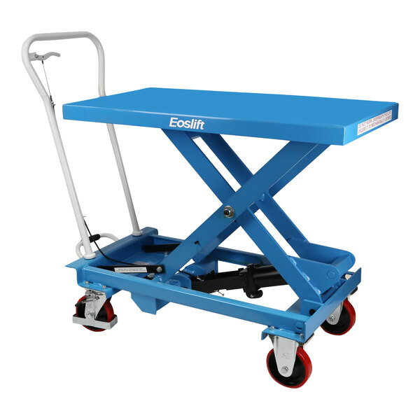 A blue Eoslift industrial lift cart with red wheels.