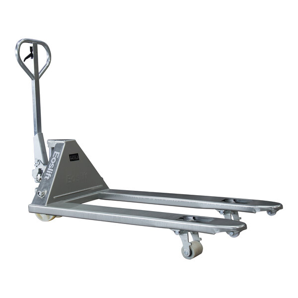A silver hand pallet truck with wheels.