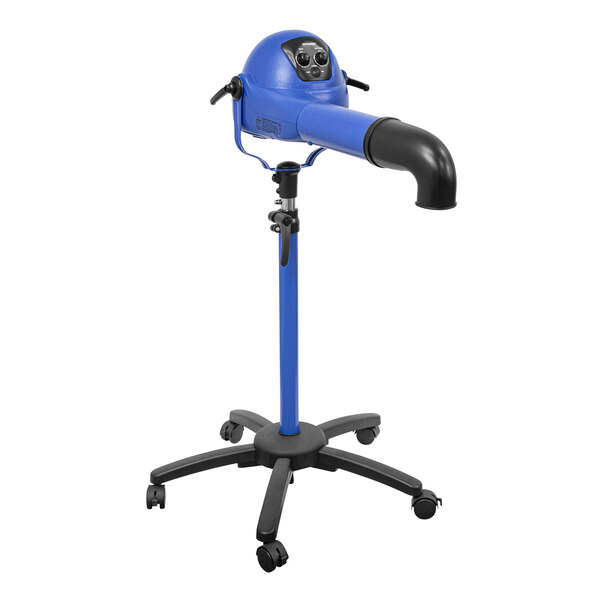 A blue and black XPOWER pet hair dryer on a stand.