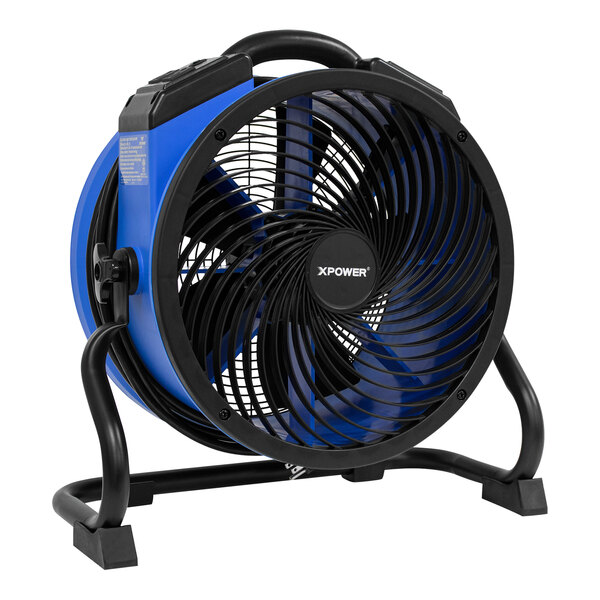 An XPOWER blue and black portable air circulator utility fan on a stand.