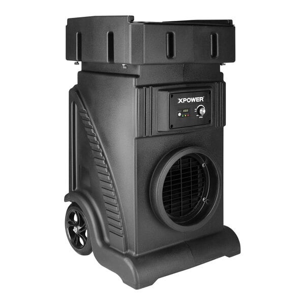 An XPOWER portable air scrubber with a round vent.