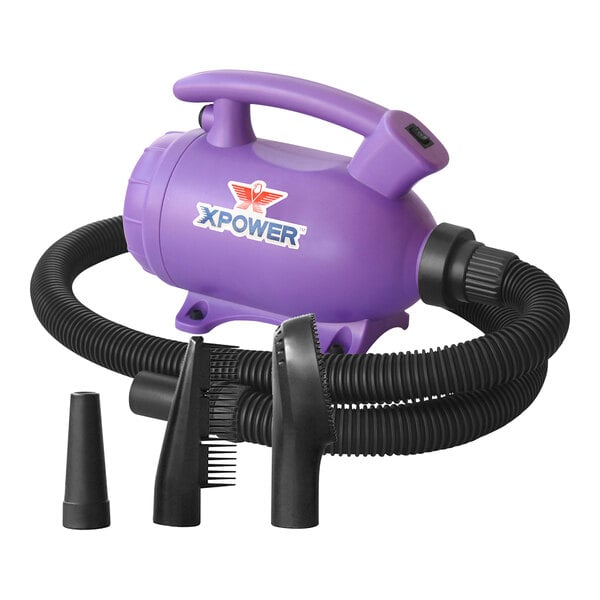 A purple XPOWER pet hair vacuum with black tubes.