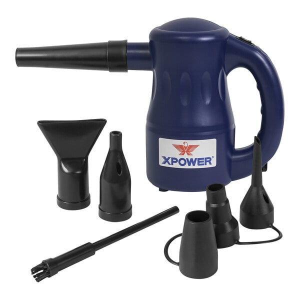 A navy blue XPOWER Airrow Pro electric blower with a black nozzle.