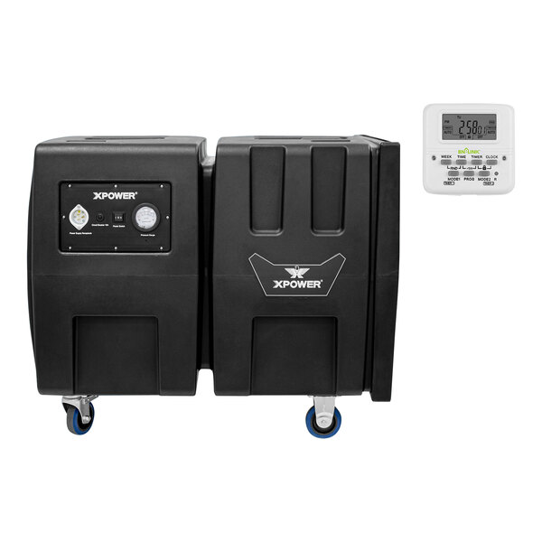 A black and white XPOWER Everest PSS3 programmable automatic sanitizing system with a white screen and buttons.