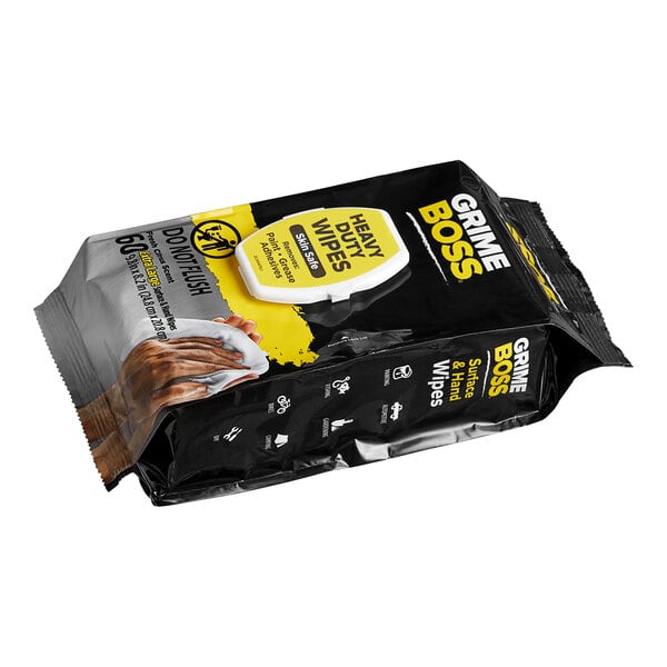 A black and yellow package of Grime Boss heavy-duty cleaning wipes with a white label.