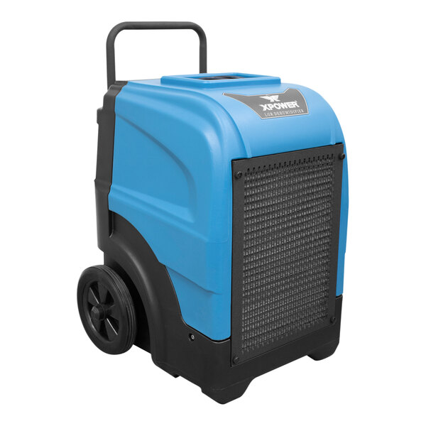 A blue and black XPOWER commercial dehumidifier with wheels.