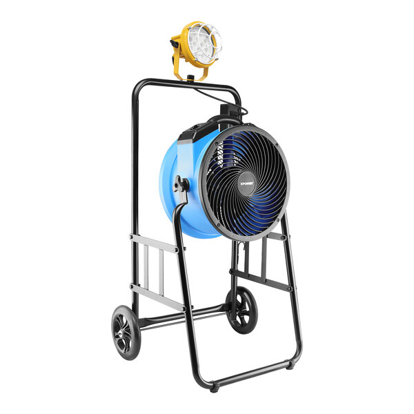 An XPOWER blue and black axial fan on a cart.