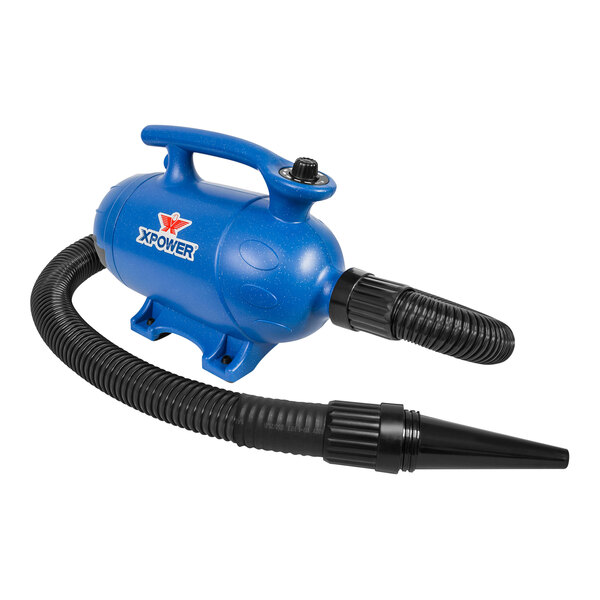A blue XPOWER pet hair dryer and vacuum with a black hose.
