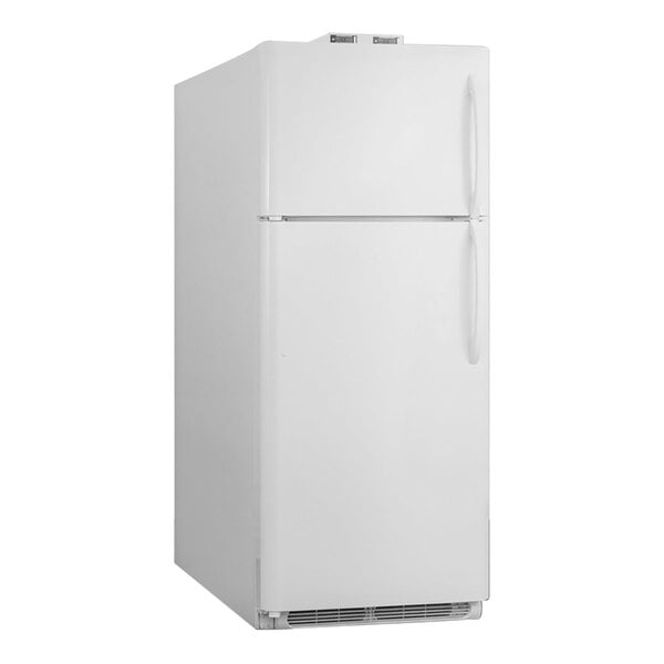 A Summit Appliance white refrigerator with two doors and a handle.