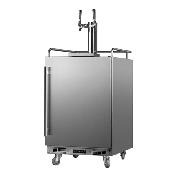 A stainless steel Summit Appliance wine dispenser with two taps.