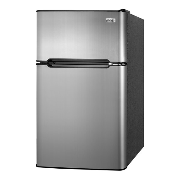 A Summit Appliance stainless steel refrigerator with a black handle.