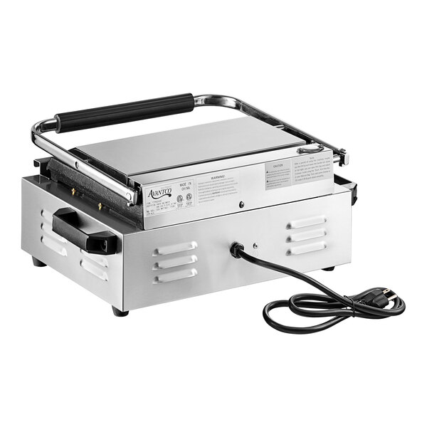 A silver and black Avantco Commercial Panini Grill with a cord attached.