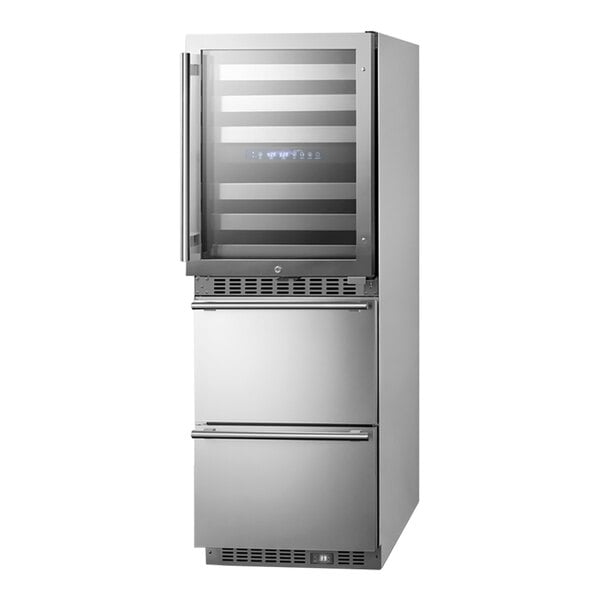 A Summit Appliance stainless steel refrigerator with two drawers and a glass door.
