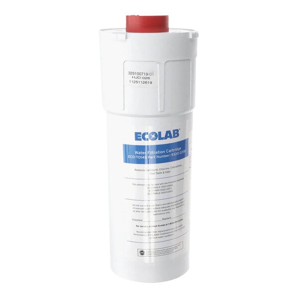 A white plastic Ecolab water filter cartridge container with blue text and a red lid.