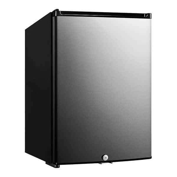 A black and stainless steel Summit minibar refrigerator.