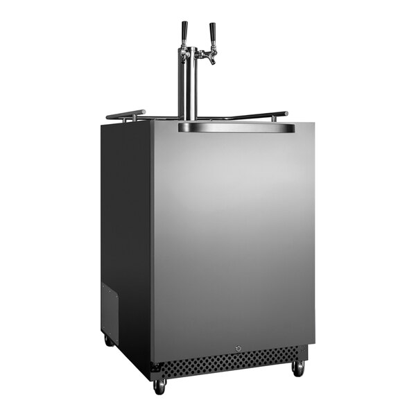 A black and stainless steel Summit cold brew coffee kegerator with 2 taps.