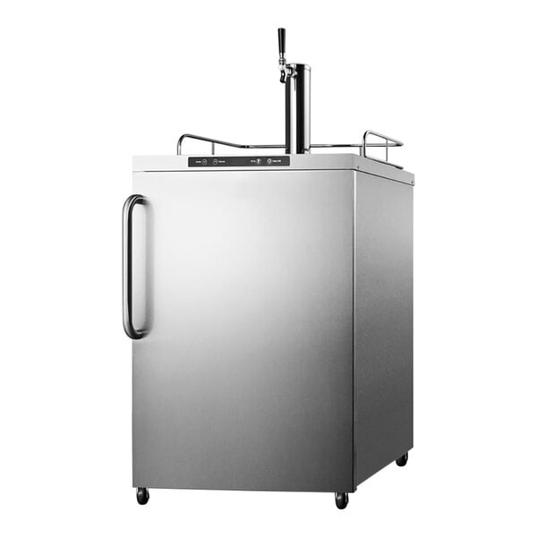 A stainless steel Summit Appliance outdoor beer dispenser with a tap.