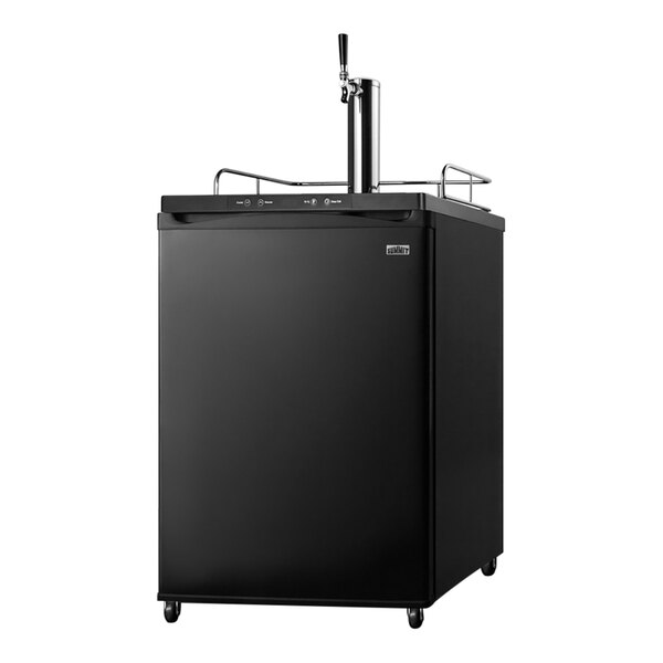 A black Summit wine kegerator with a tap.
